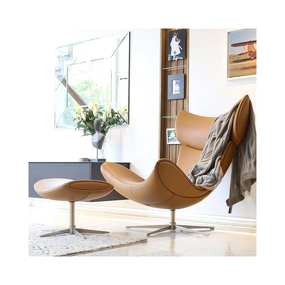 Modern Leather Recliner Chair with Ottoman, Swivel Lounge Chair with Ergonomic High Back & Metal Base for Living Room, Bedroom & Office Seating (Brown)