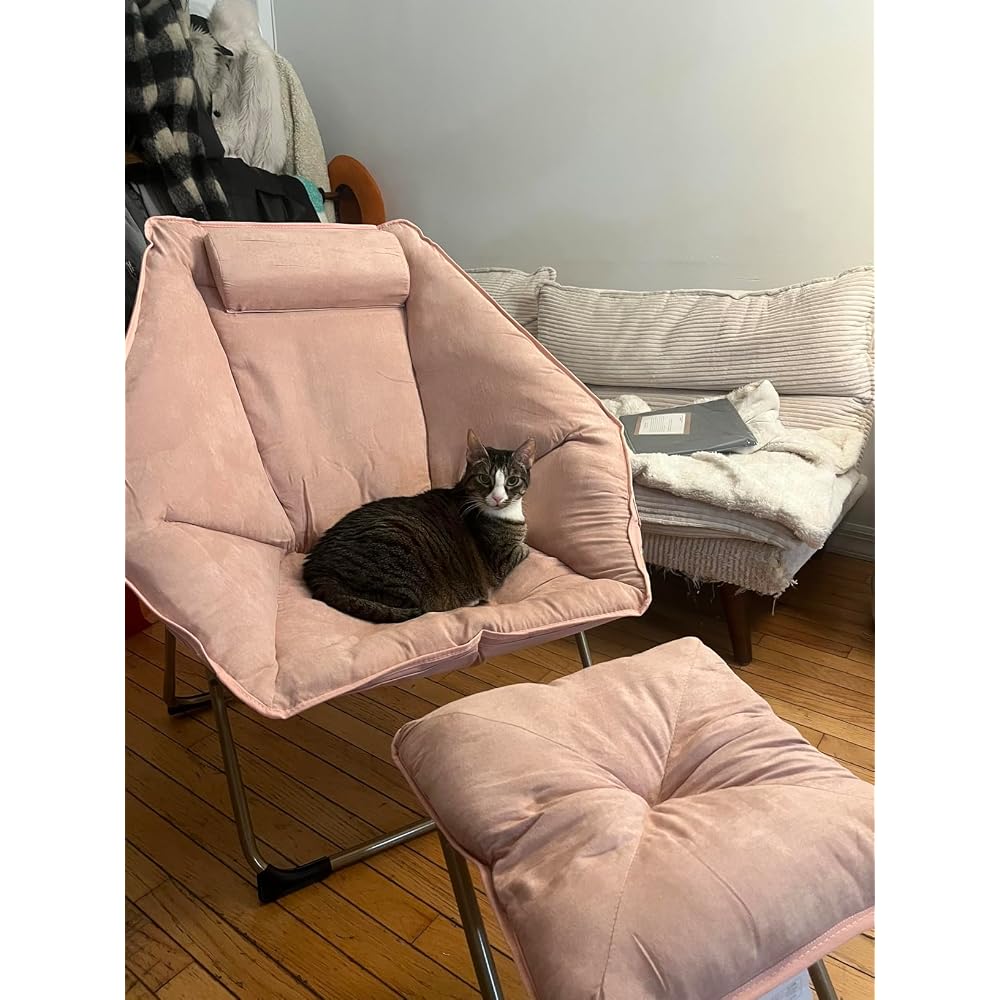 Hexagon Foldable Living Room Chair, Saucer Chair for Adults, Comfy Bedroom Lounge Chair, Moon Chair, Lazy Folding Chair for Dorm Rooms(Ottoman-Pink)