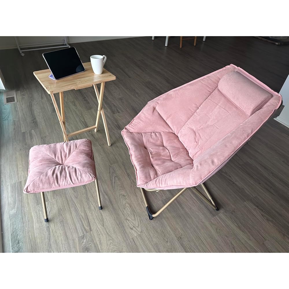 Hexagon Foldable Living Room Chair, Saucer Chair for Adults, Comfy Bedroom Lounge Chair, Moon Chair, Lazy Folding Chair for Dorm Rooms(Ottoman-Pink)