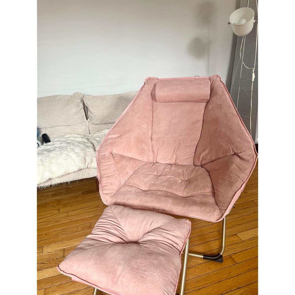 Hexagon Foldable Living Room Chair, Saucer Chair for Adults, Comfy Bedroom Lounge Chair, Moon Chair, Lazy Folding Chair for Dorm Rooms(Ottoman-Pink)