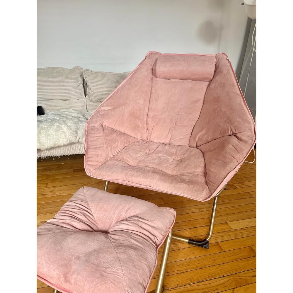 Hexagon Foldable Living Room Chair, Saucer Chair for Adults, Comfy Bedroom Lounge Chair, Moon Chair, Lazy Folding Chair for Dorm Rooms(Ottoman-Pink)