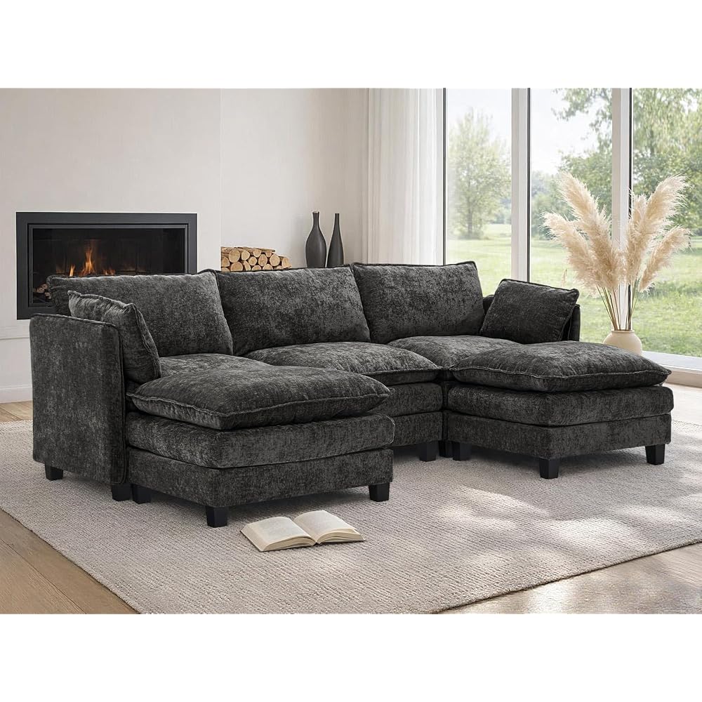 Cloud Modular Sectional Sofa, U-Shaped Deep Seat Oversized Couch for Large Living Room, Pet-Friendly Chenille Fabric Sofa Set with Ottoman for Family Movie Nights