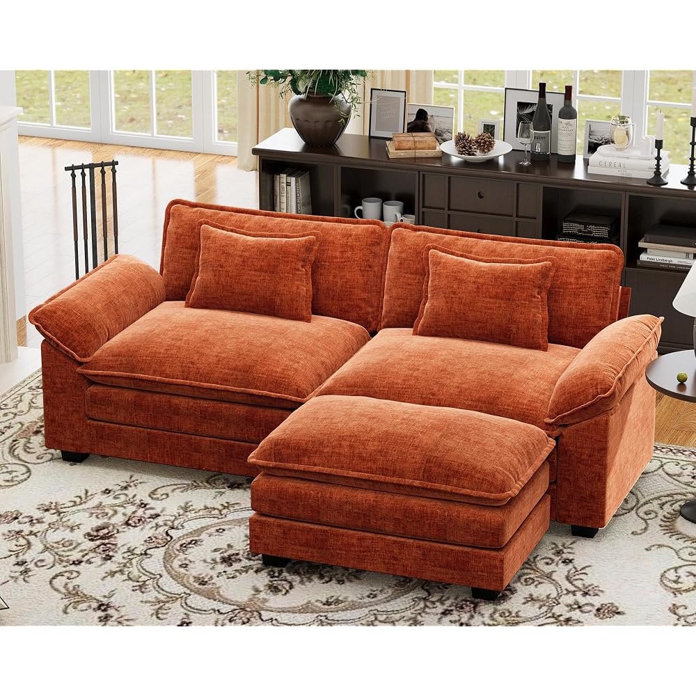 CDCASA 86" Modular Sectional Sofa, Comfy L-Shaped Cloud Couch with Movable Ottoman, 3-Seater Chenille Deep Seat Modern Sofa Couch for Living Room, Terracotta Orange