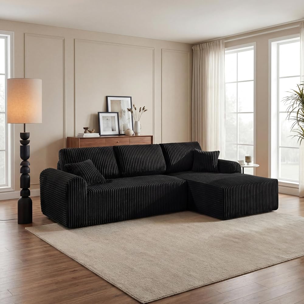 109-Inch L-Shaped Right Facing Boneless Corner Sofa 2 PCS Modular Sectional Cloud Sofa Couch with Chaise Lounge and Toss Pillow, Corduroy Boneless L-Shaped Couches