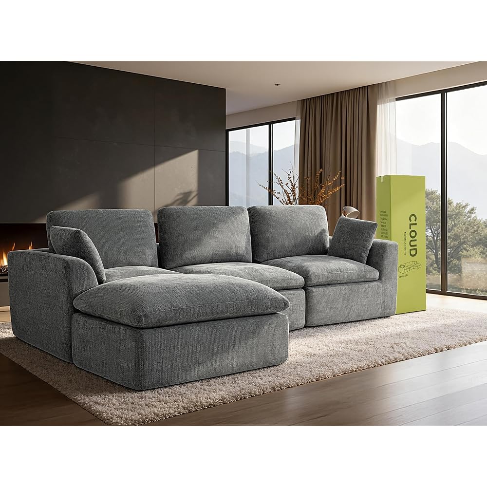 Oversized 110.5" Double-Layered and Soft Cloud Couch Modular Sectional Sofa Boneless Couches for Living Room 4-Seater L-Shape Couch with Ottoman Deep-Seat Chenille Memory Foam Dark Gray