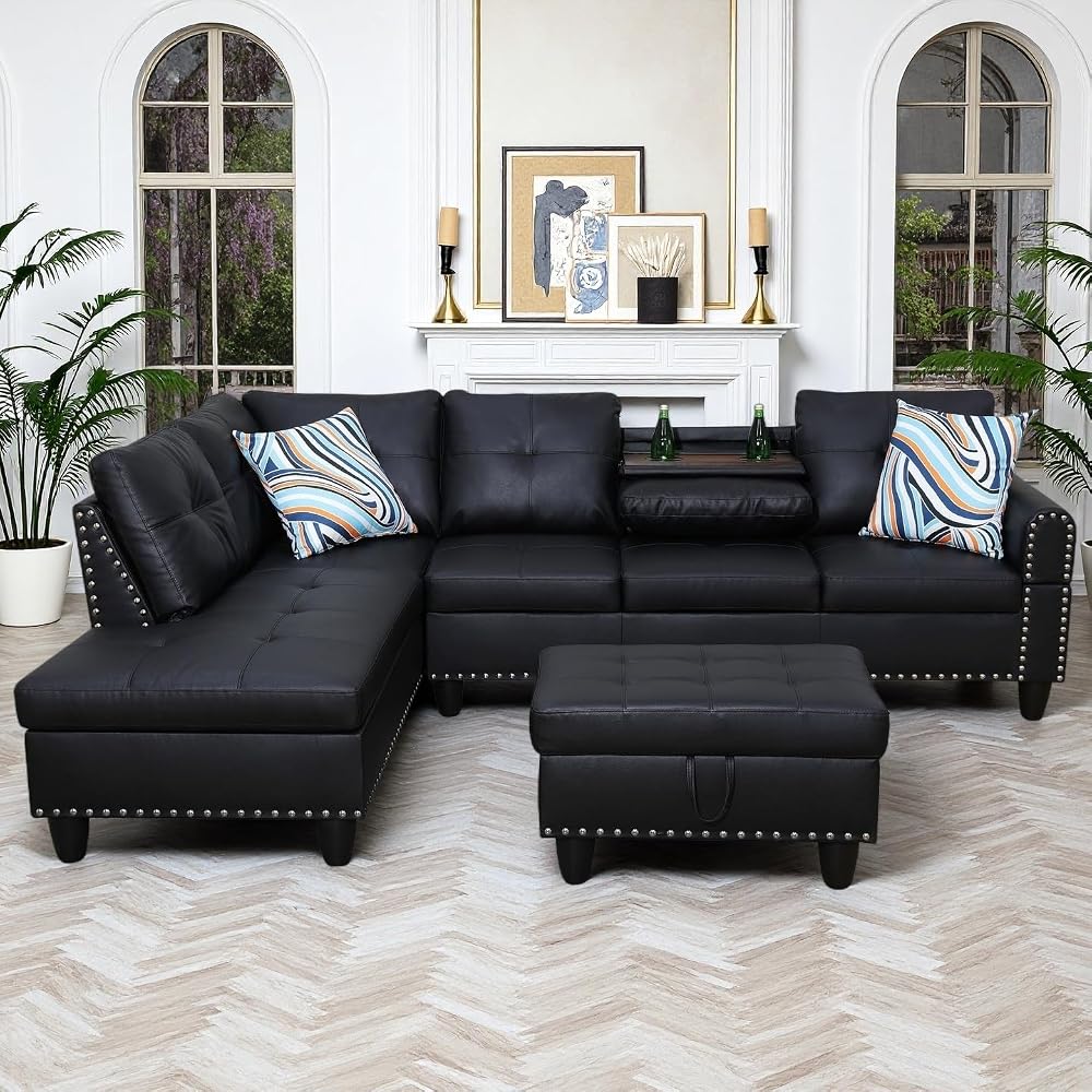 Leather L-Shaped Couch Set, 97.5"L x 69.5"W Sectional Sofas Black