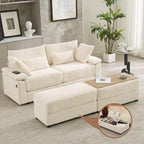 75" Corduroy Loveseat with Storage Ottoman, USB & Coffee Table, Beige