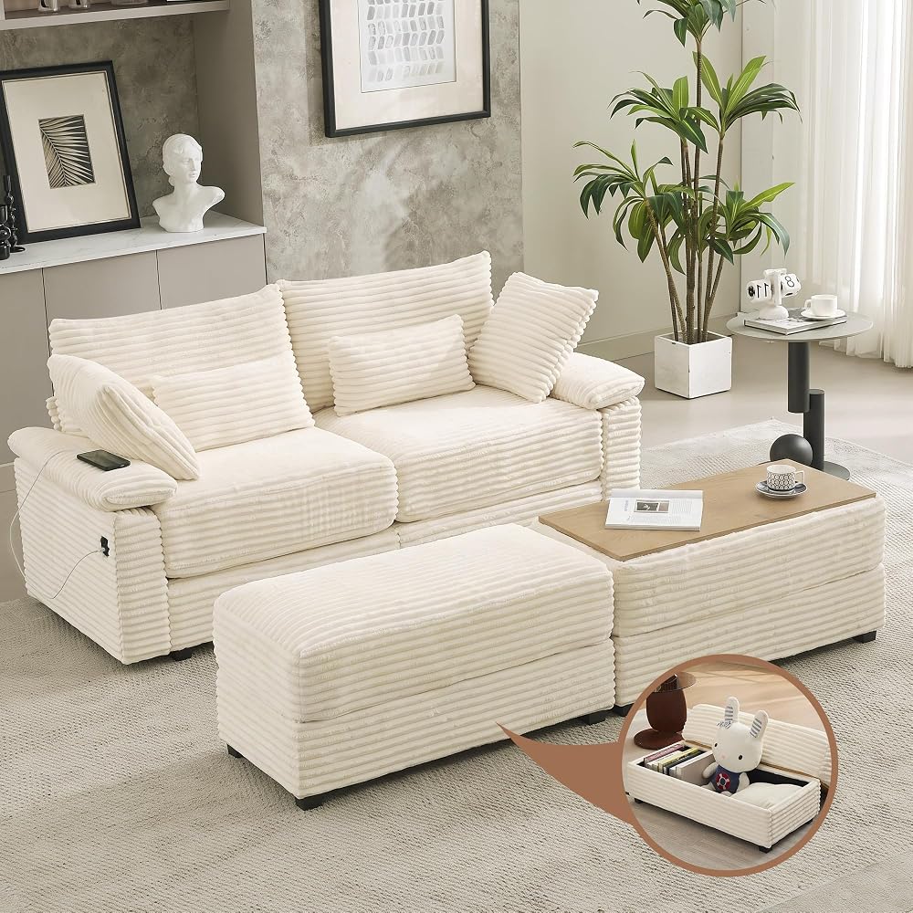 75" Corduroy Loveseat with Storage Ottoman, USB & Coffee Table, Beige