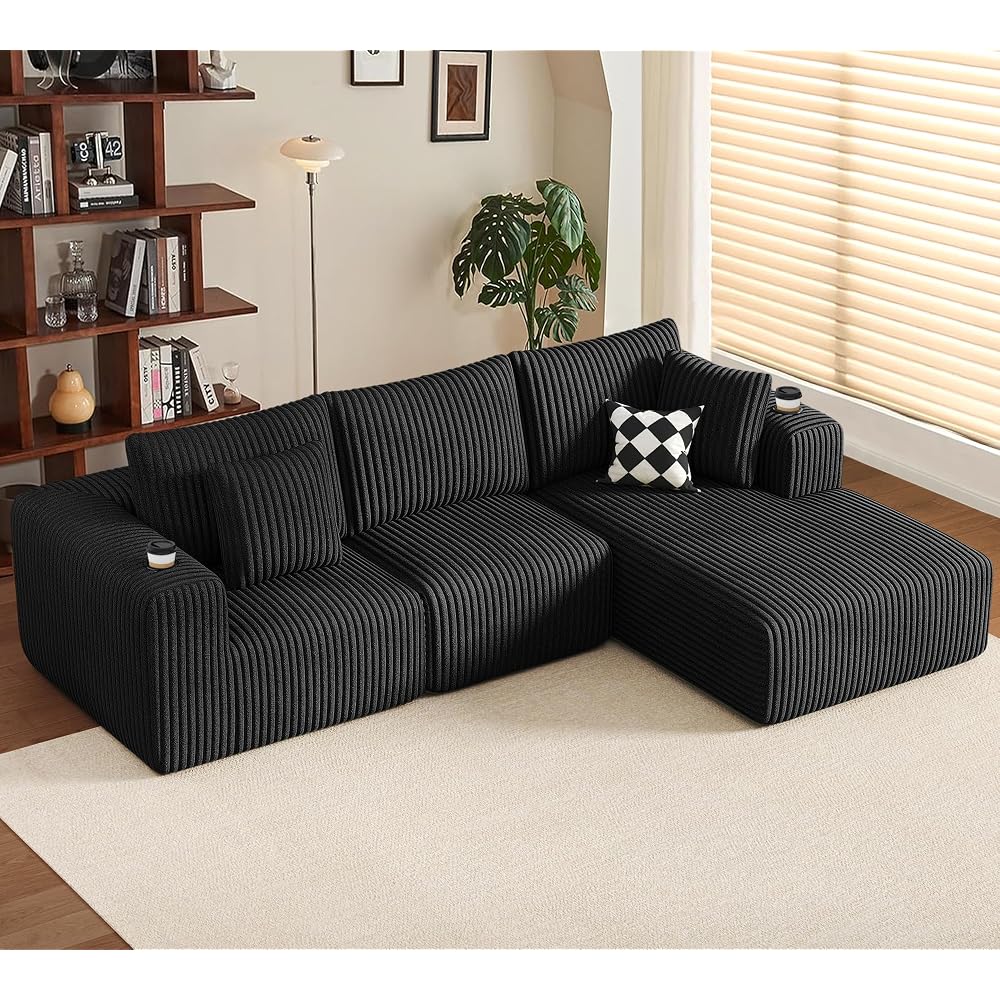 108" Sectional Couch L Shaped Sofa with Chaise, Boneless Couch, Right Black