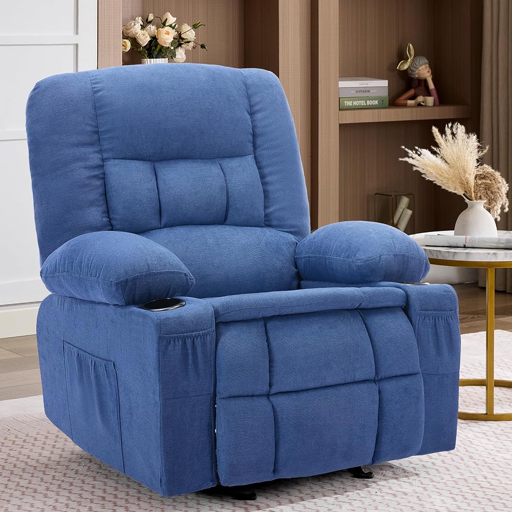 Rocker Recliner Chair with Massage and Heat, Nursery Rocking Chairs for Living Room, Comfy Relining Chair with Cup Holders, USB Charge Port, Side Pockets, Ergonomic Single Sofa, Blue